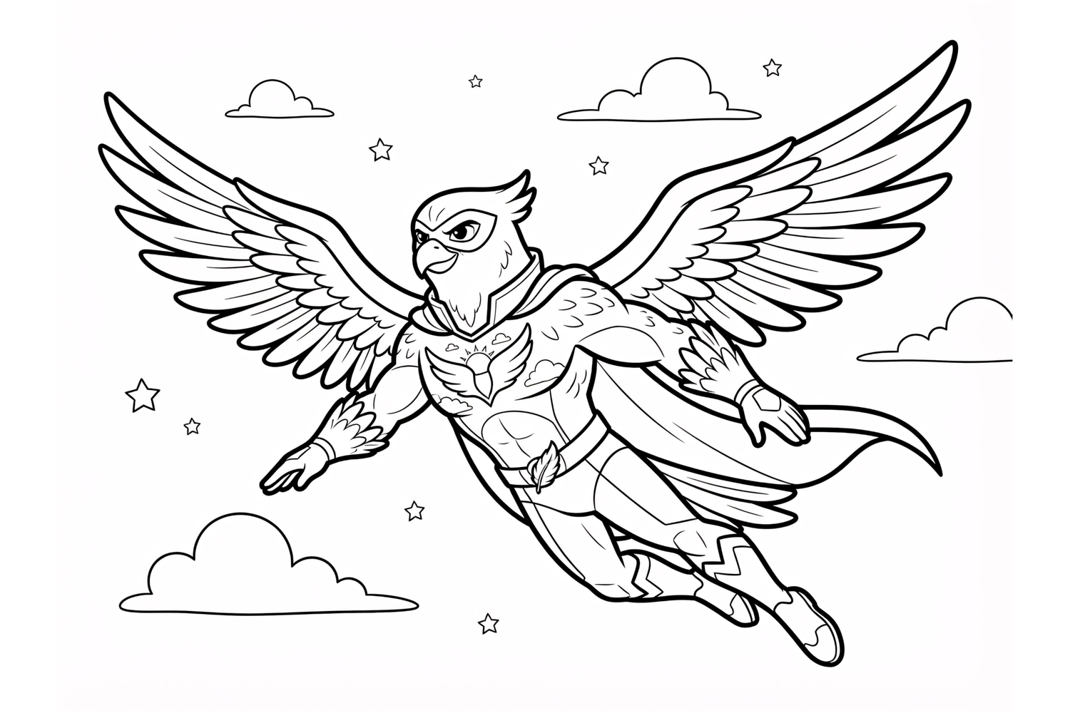 Superhero eagle character flying in the sky, black and white product image 1