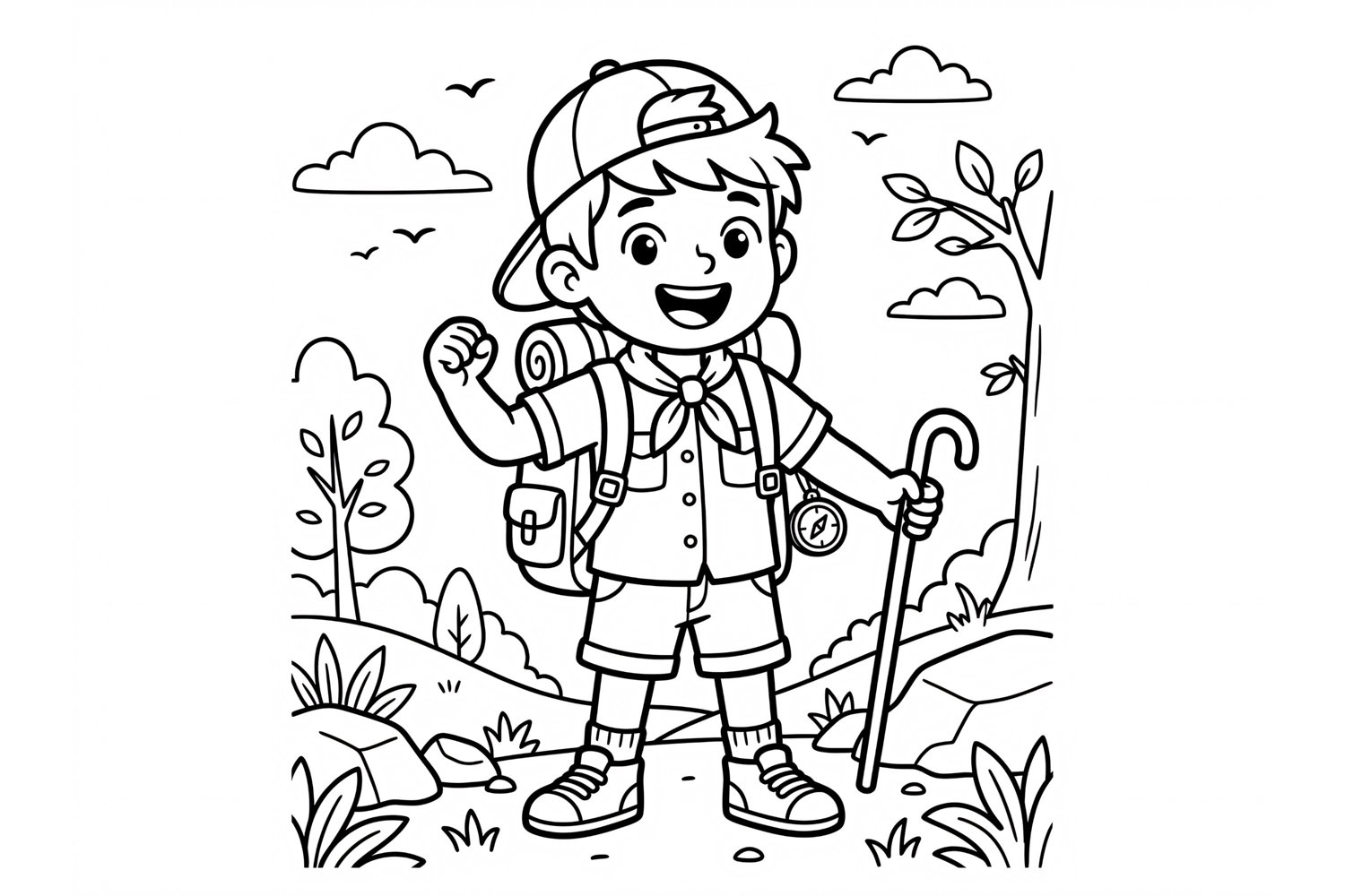 Cute Boy Scout Hiking Coloring Page for Kids with Backpack product image 1
