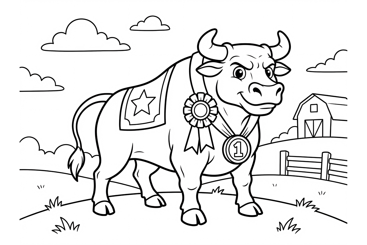 Coloring page of a champion bull with a first place ribbon product image 1