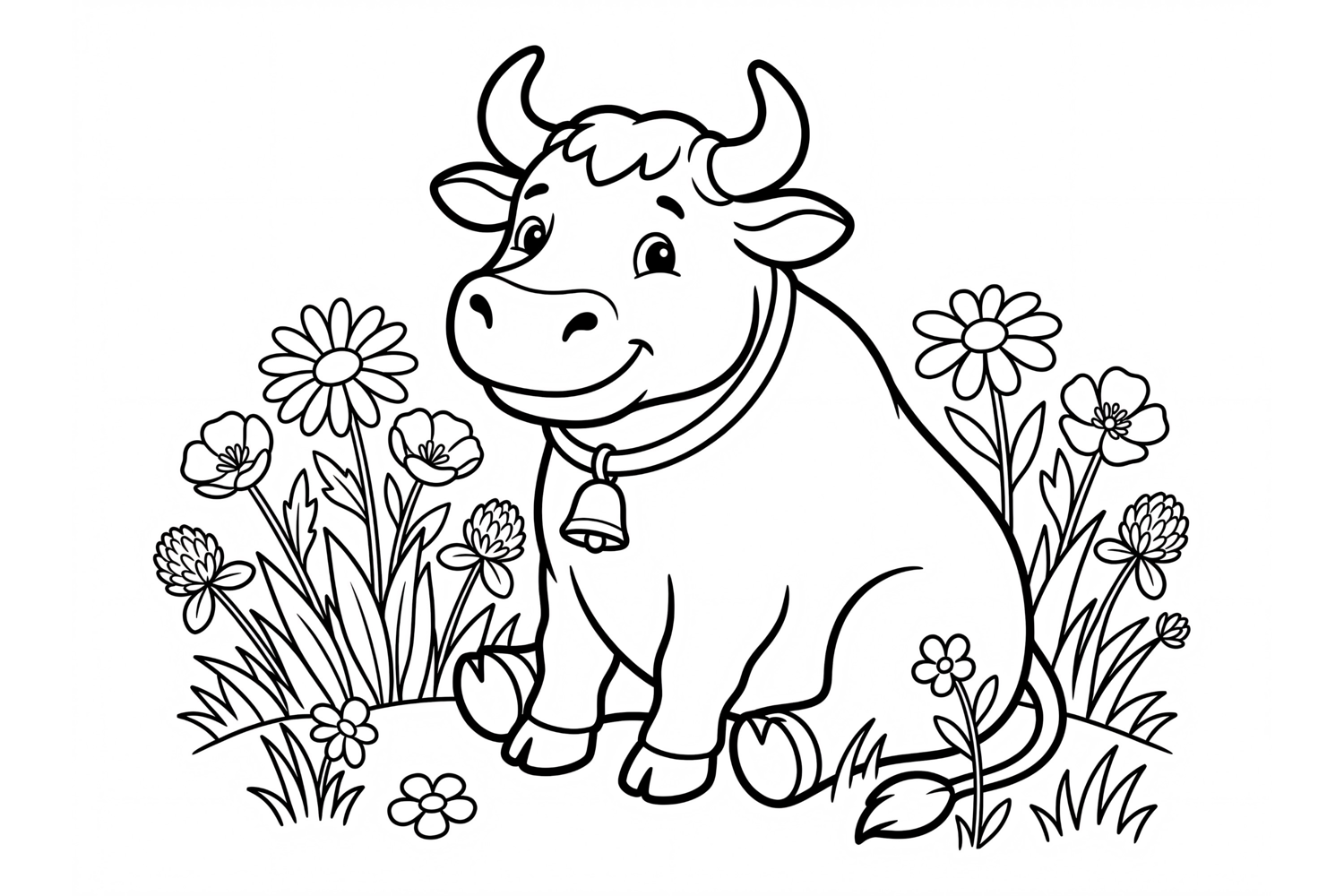 Cute cartoon cow coloring page for kids with flowers product image 1