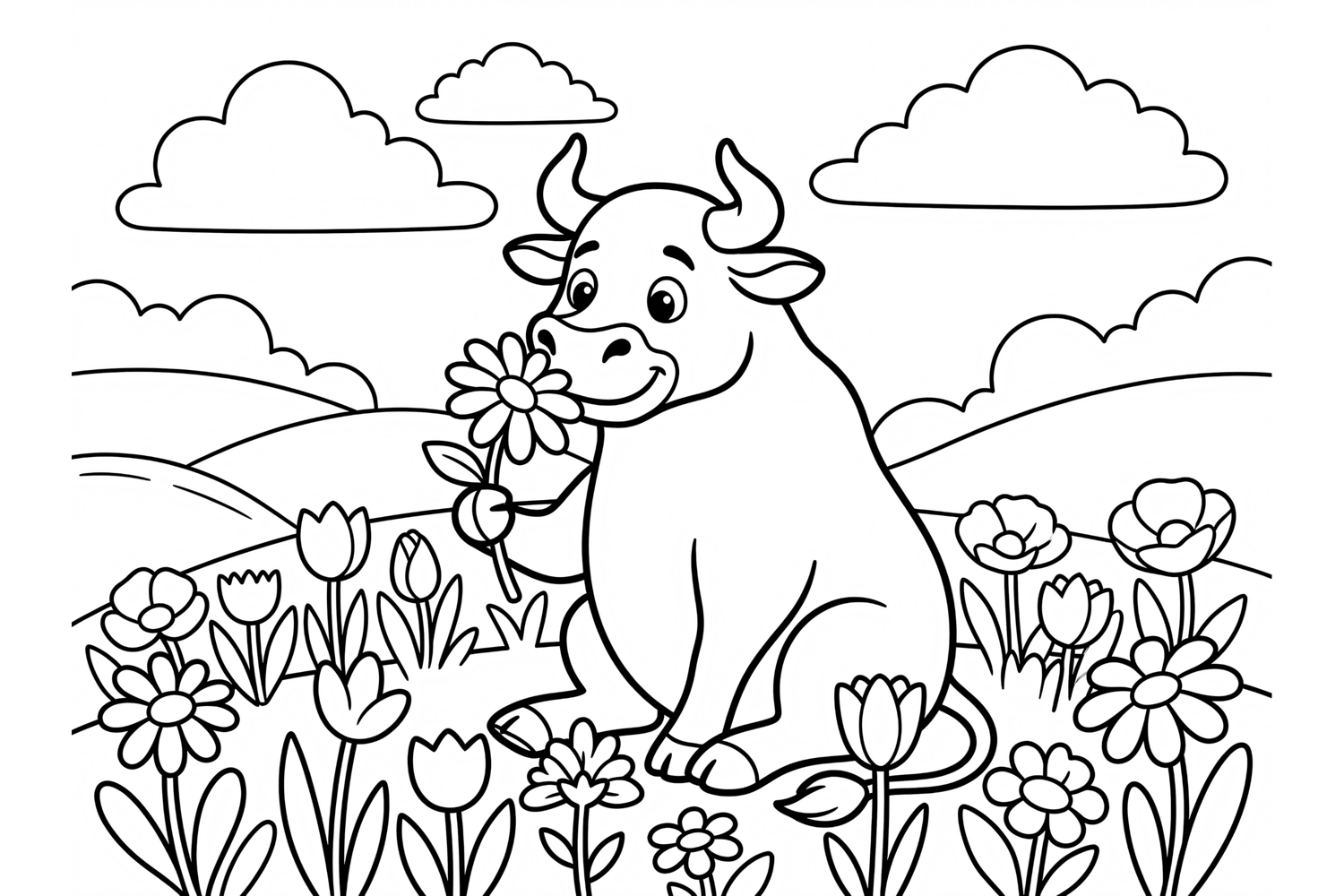 Cute Bull Coloring Page for Kids with Flowers in a Meadow product image 1