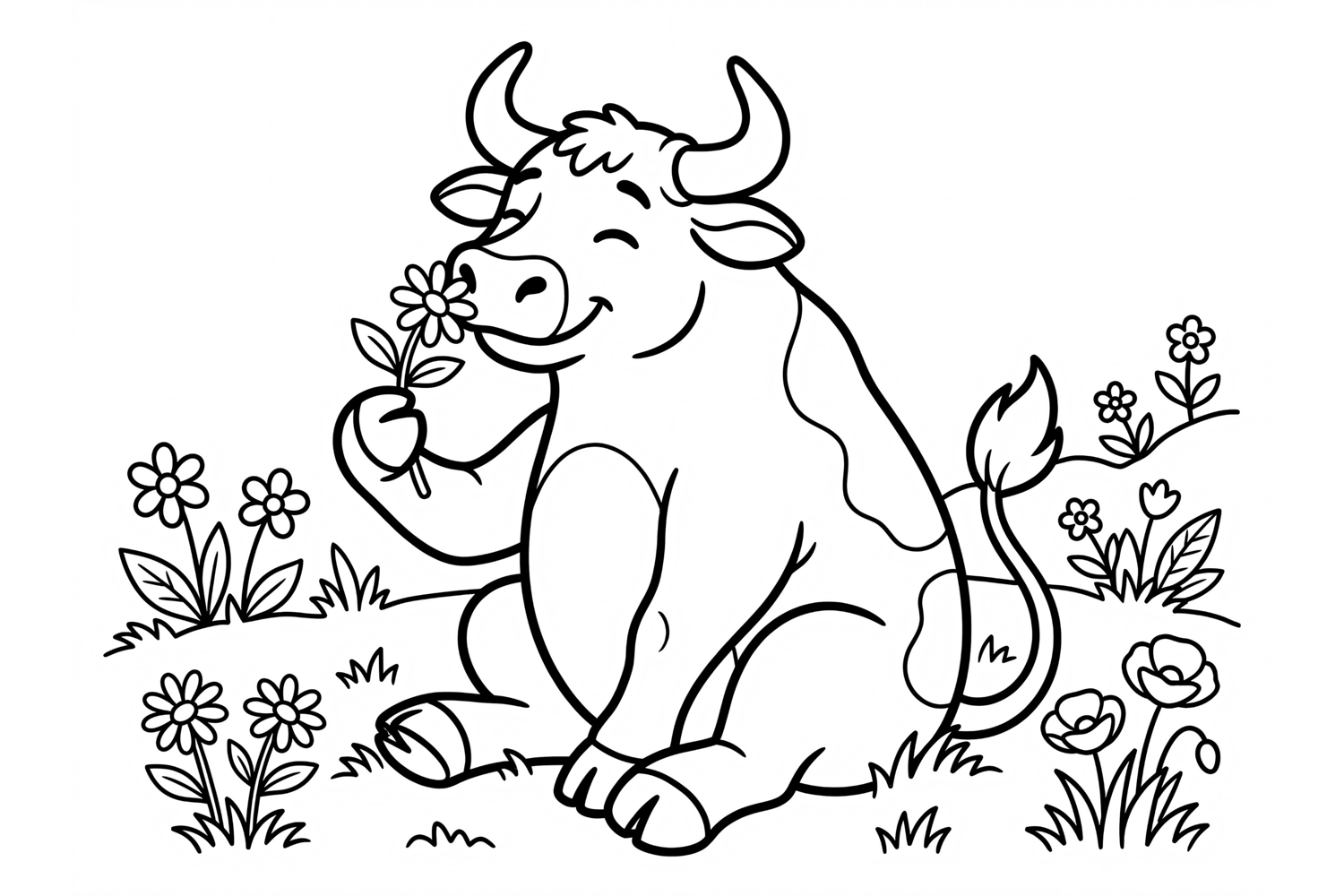 Cute cartoon bull coloring page for kids with a flower product image 1