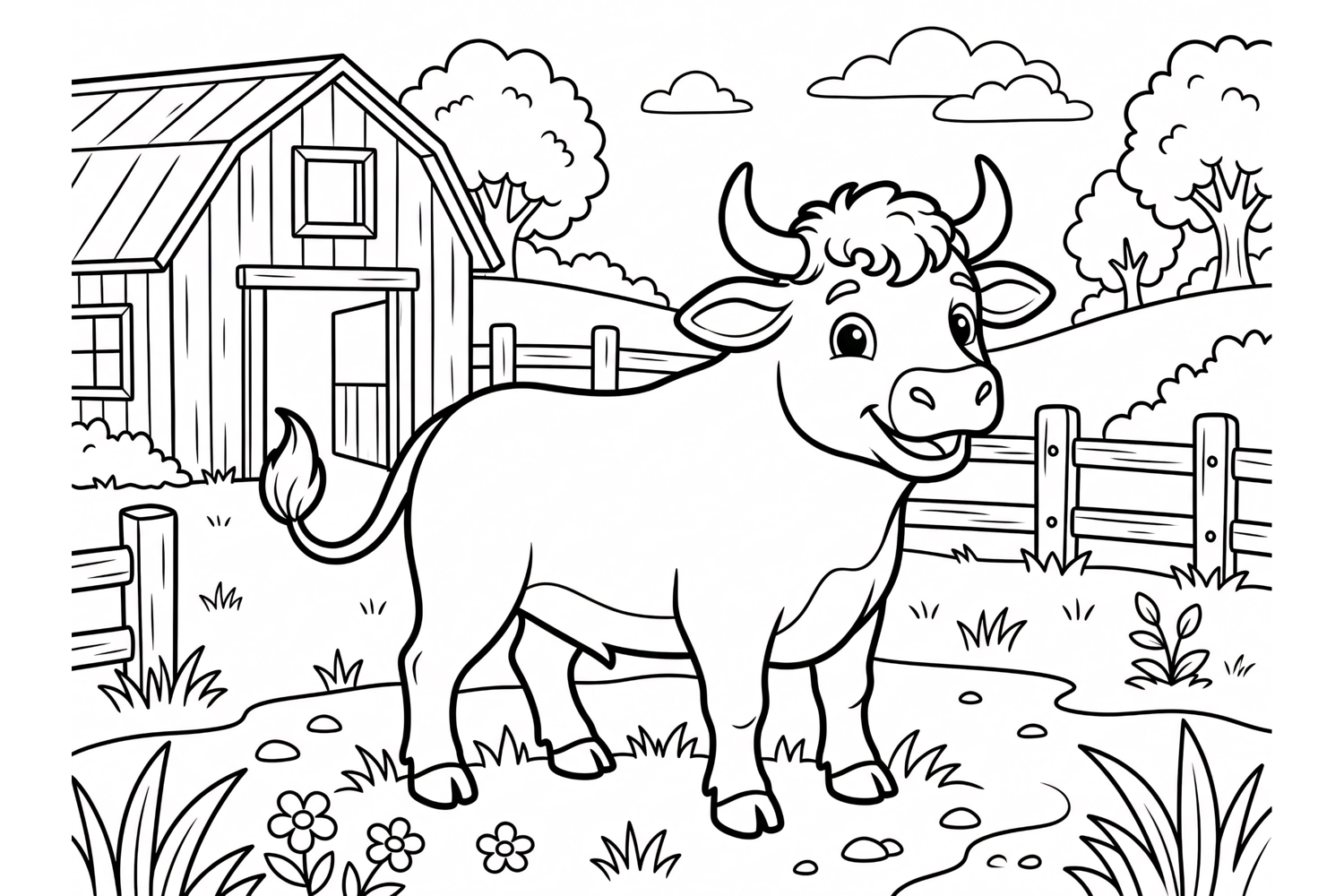 Cute Cow Coloring Page for Kids with Farm Background and Bar product image 1
