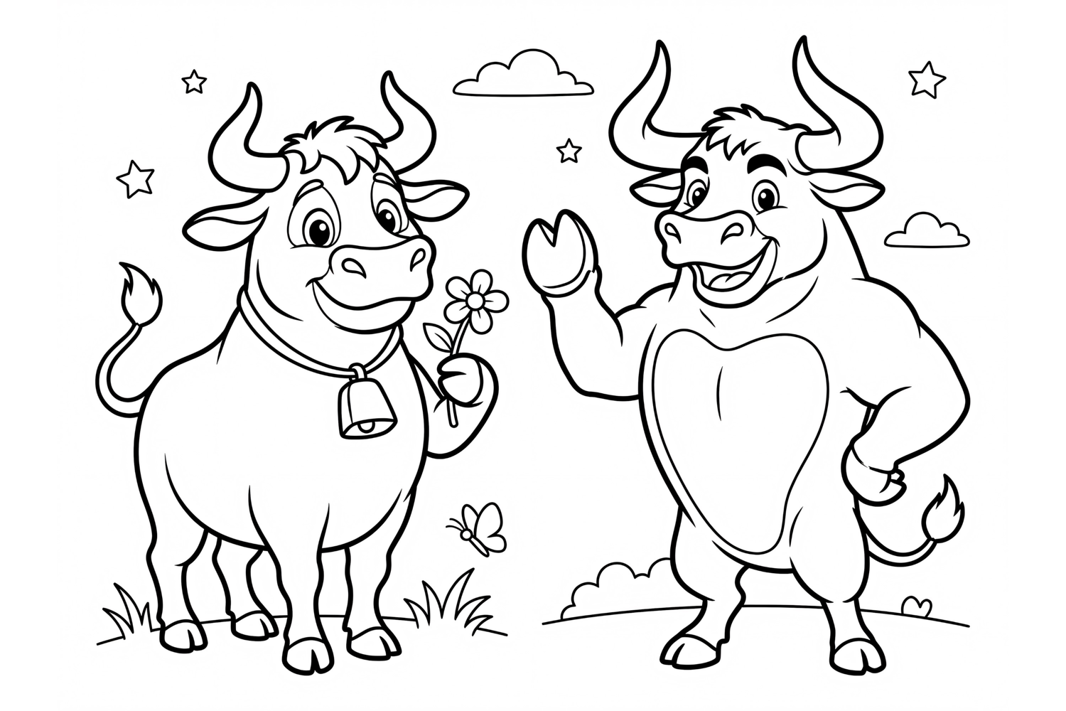 Cute cartoon bulls coloring page for kids with two friendly product image 1
