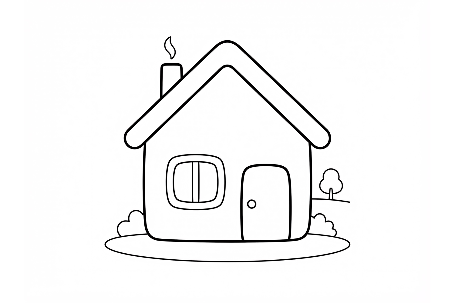 Simple house coloring page for kids with chimney and tree product image 1