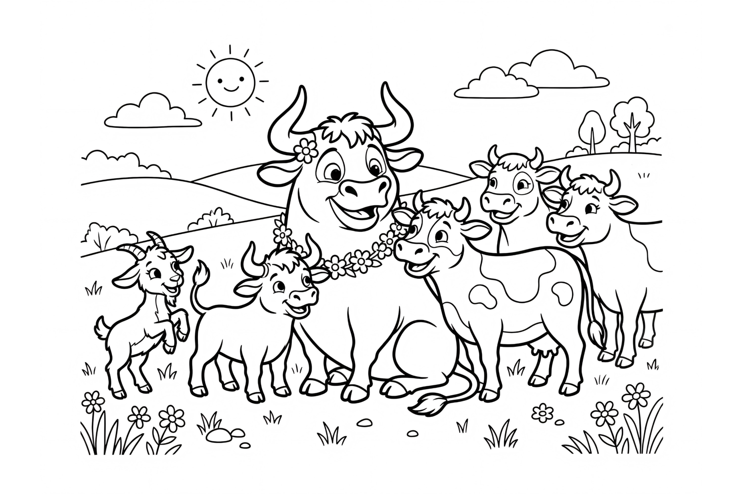 Cute Farm Animals Coloring Page for Kids with Cows and Goat product image 1