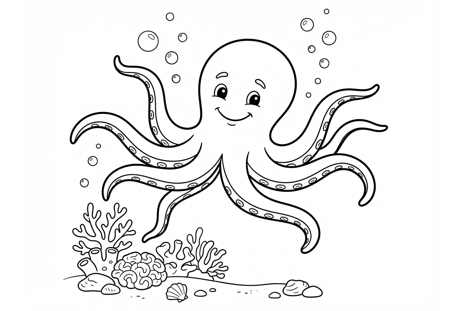 Cute Octopus Coloring Page for Kids with Underwater Sea Life product image 1