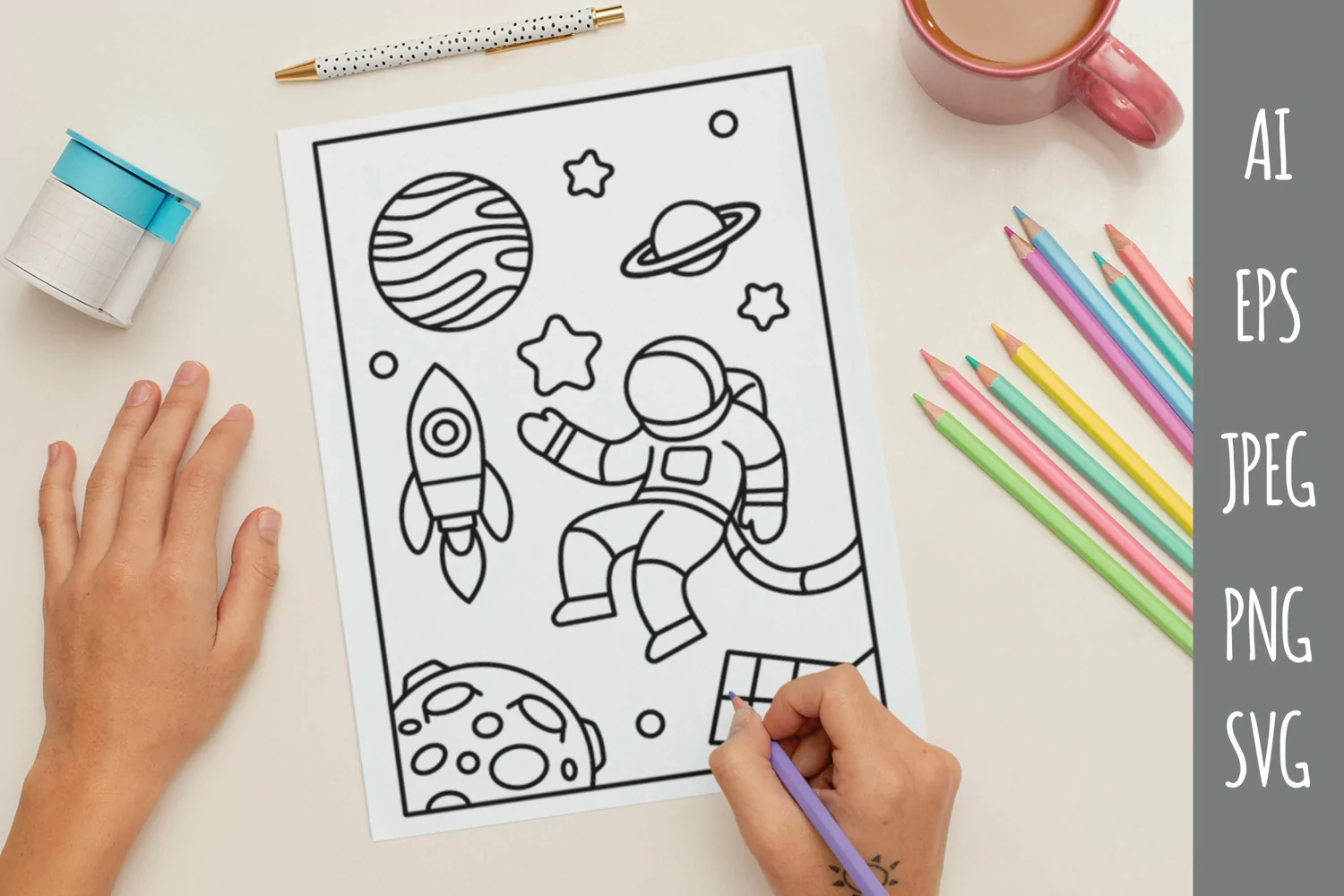 Astronaut in Space, A5 Coloring Page, Children Activity product image 1
