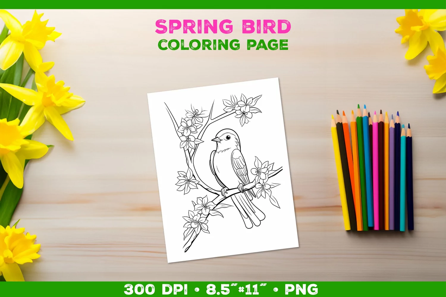 Kids simple coloring book page with Bird in Blooming Branch product image 1