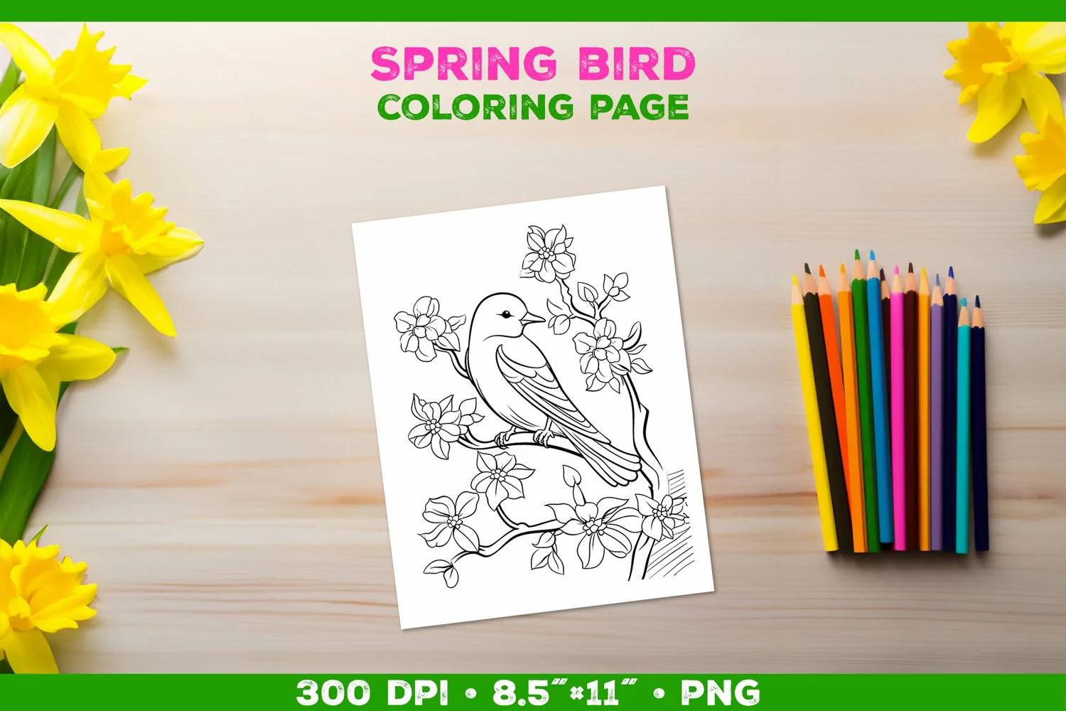 Kids simple coloring book page with Bird in Blooming Branch product image 1