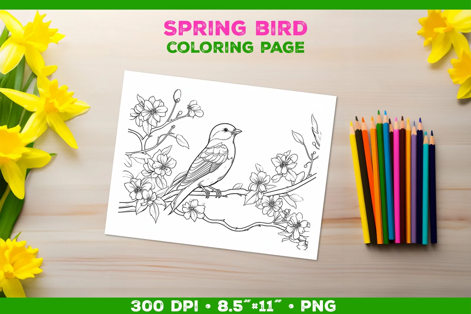 Kids simple coloring book page with Bird in Blooming Branch product image 1