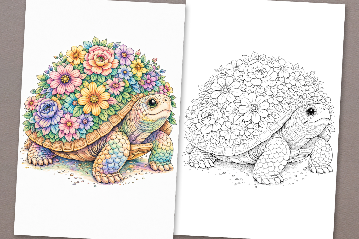 Turtle coloring page for adults. Adult coloring book flowers product image 1
