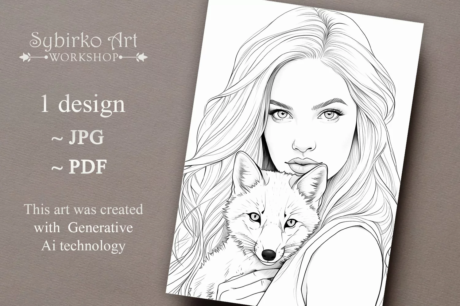 Beautiful Lady and Fox coloring page. Adult colouring page. product image 1
