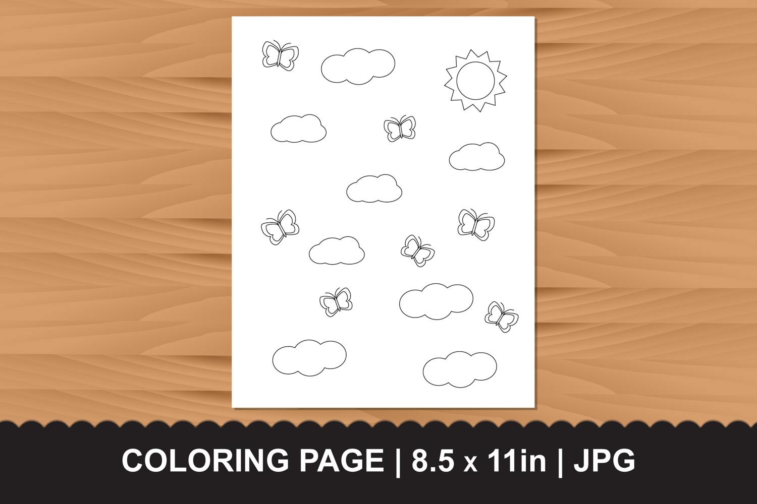 Simple Sky and Clouds Coloring Page with Sun and Butterflies product image 1