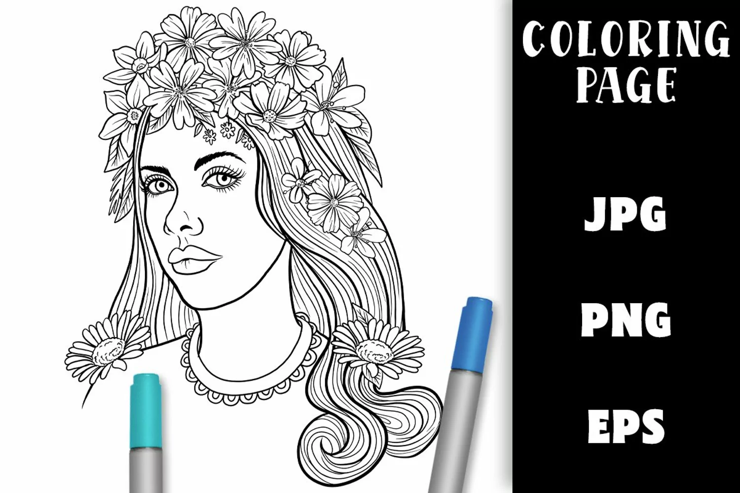 Pretty Girl with Flower Hair Coloring Page product image 1