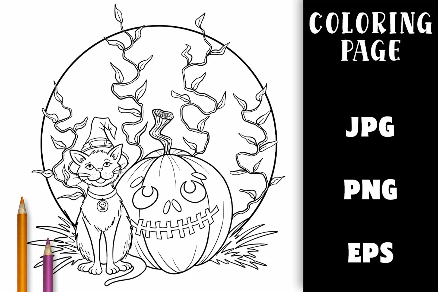 Halloween Pumpkin & Cat in Witch Hat - Coloring Page product image 1