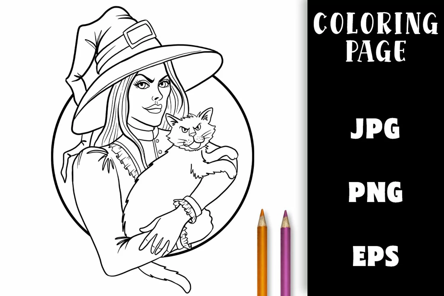 Halloween Witch & Cat - Coloring Page product image 1