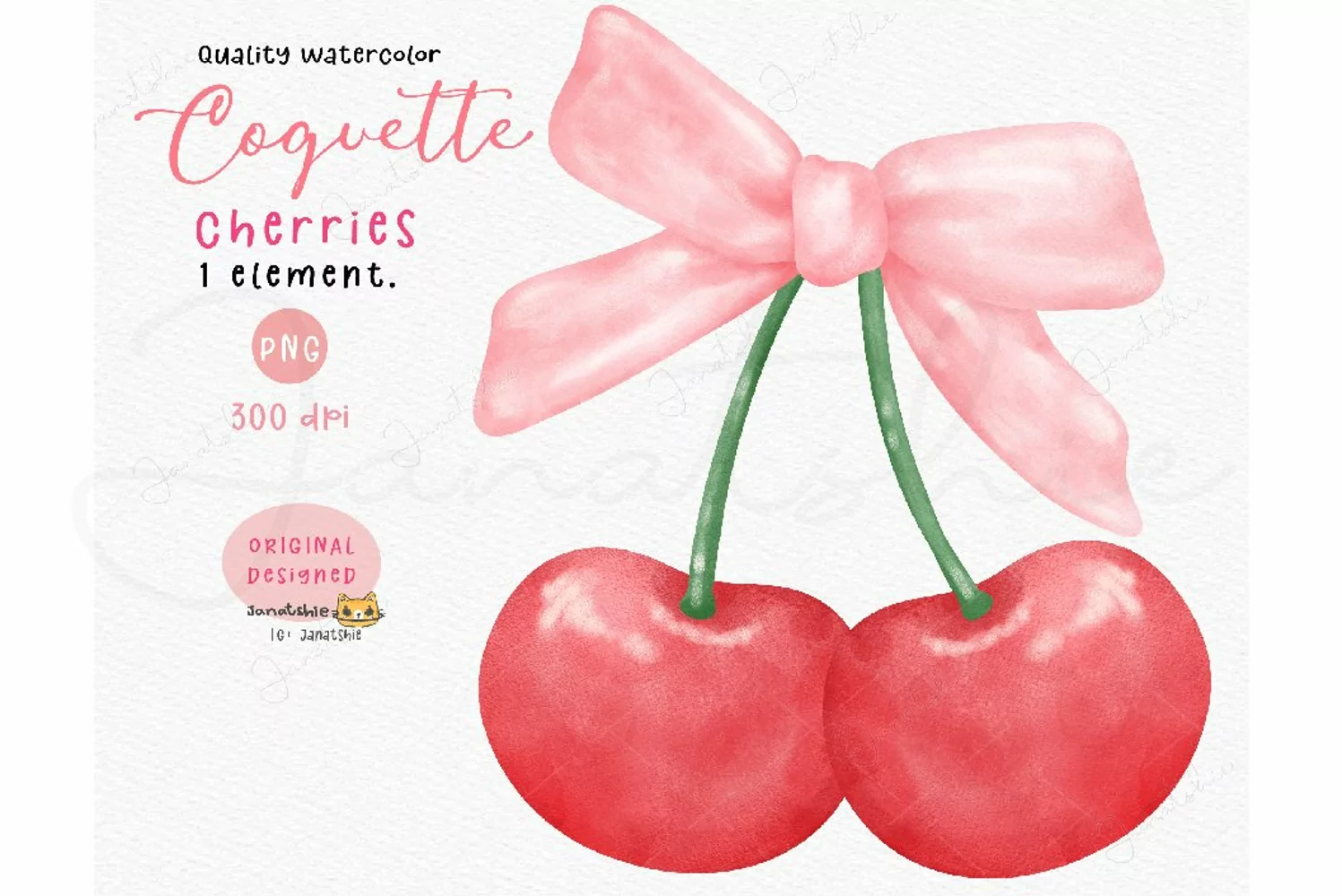 Cute Coquette Cherries with Pink Bow Watercolor Clipart product image 1