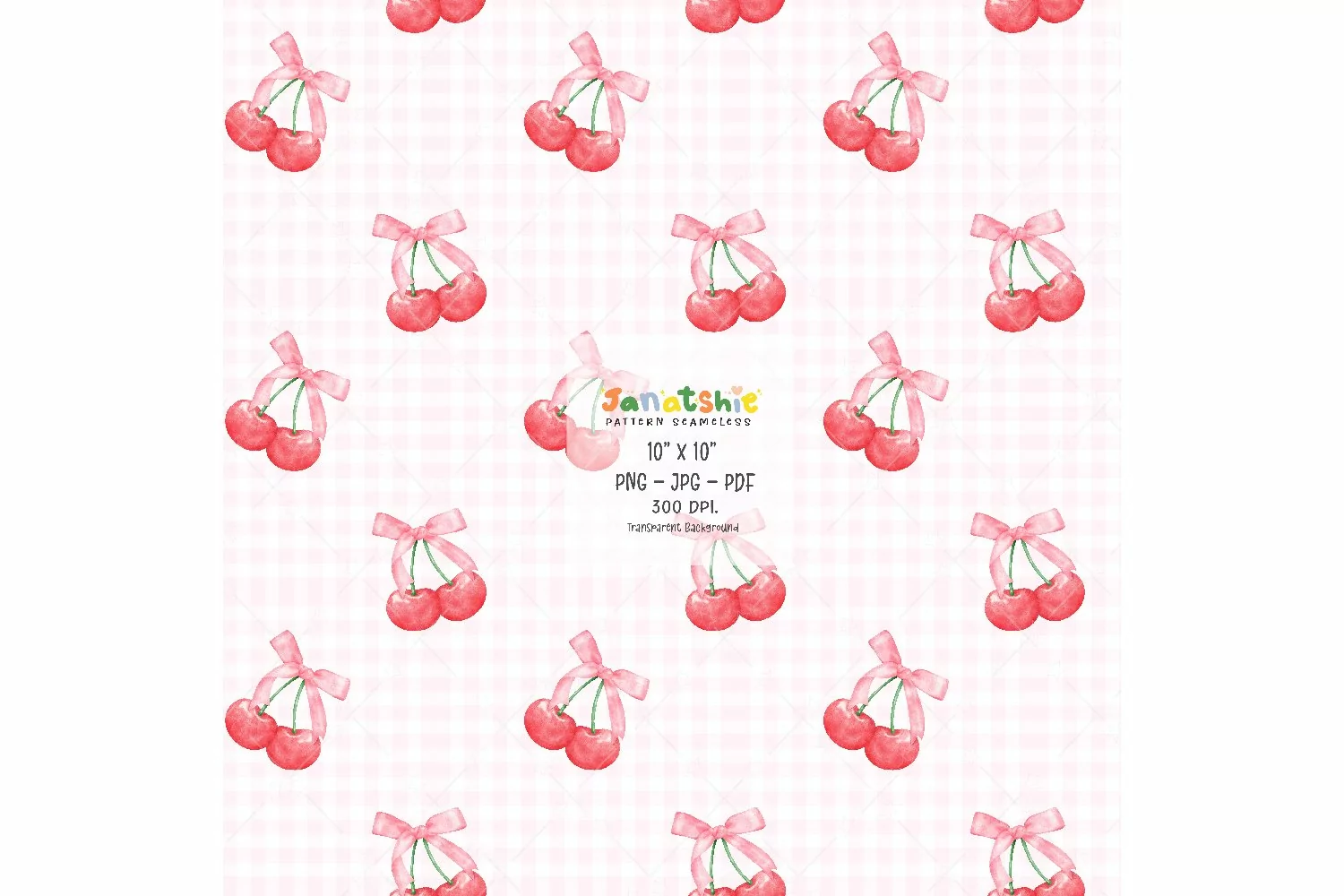 Coquette Pattern Seamless Cherries with Pink bow PNG JPG PDF product image 1