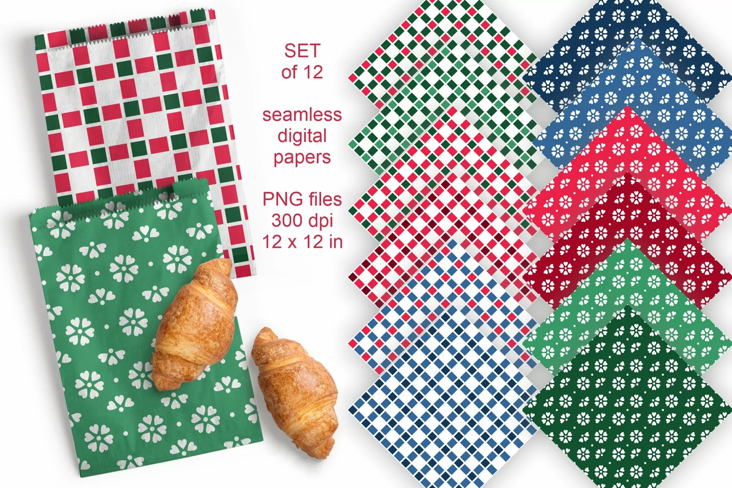 Cottage Flowers and Checks Seamless Patterned Papers PNG