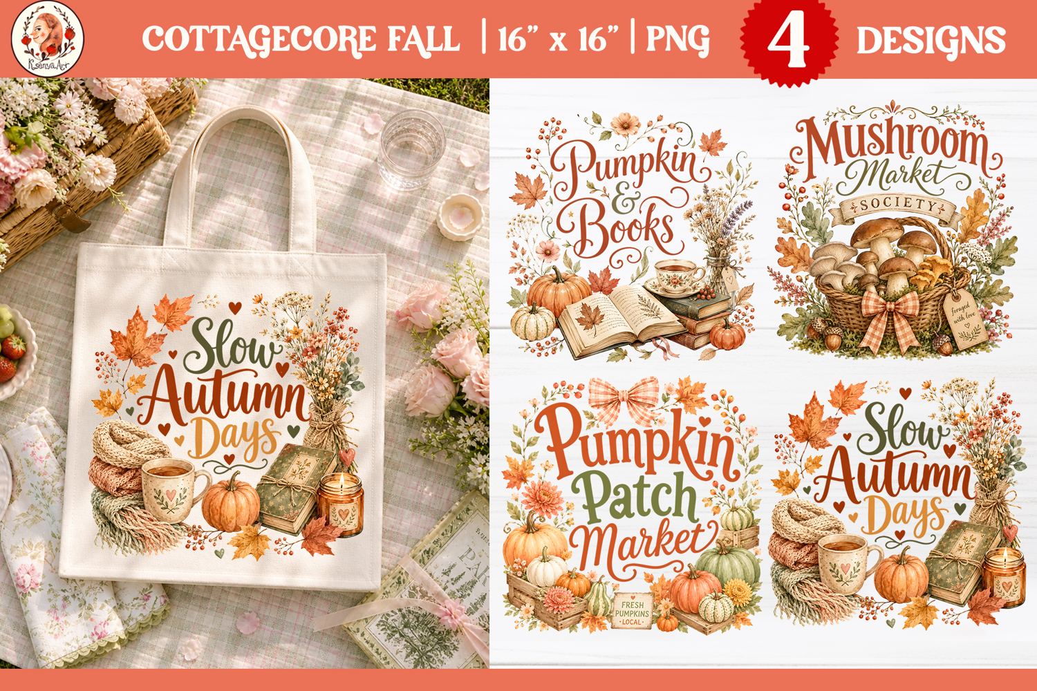Pumpkin Patch Market, Watercolor Sublimation, Tote Bag PNG product image 1
