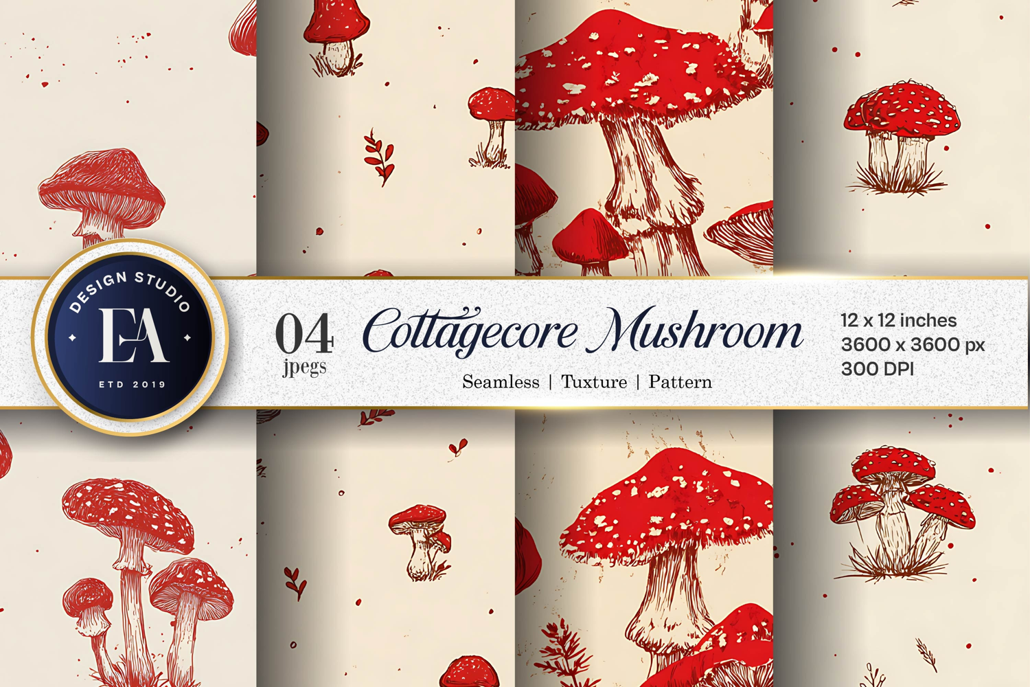Cute Hand-Drawn Cottagecore Mushroom Art Digital Paper product image 1