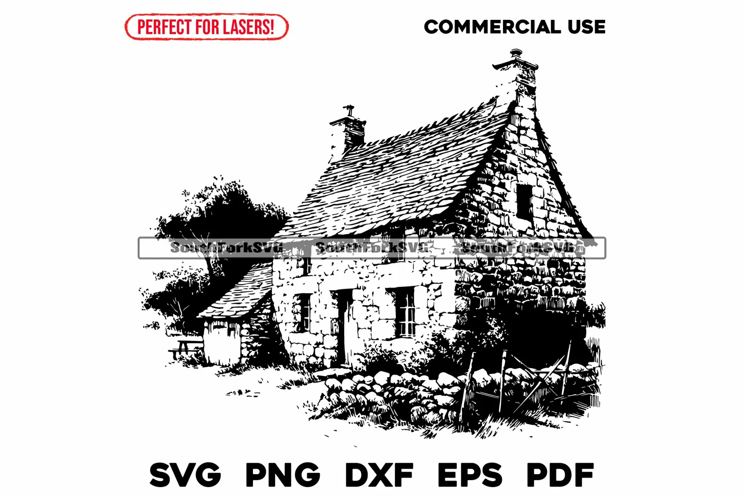 Rustic Stone Countryside Cottage Scene Laser Engrave Files product image 1