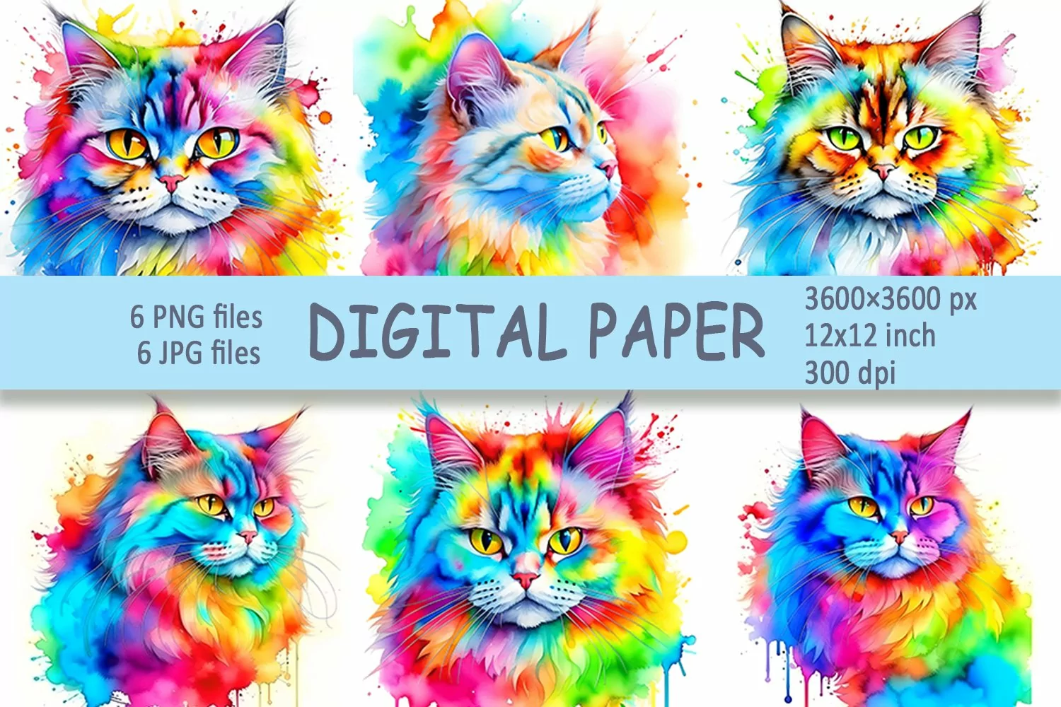 Rainbow cat | Watercolor cat digital paper| Persian cat product image 1