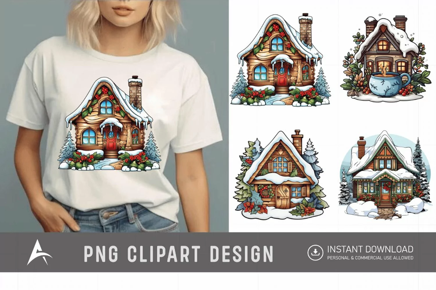 Watercolor Cozy Winter Cottage Clipart product image 1
