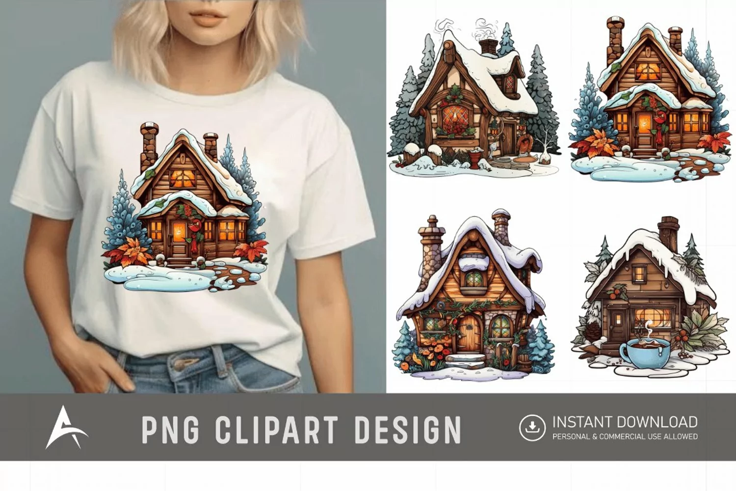 Watercolor Cozy Winter Cottage Clipart product image 1