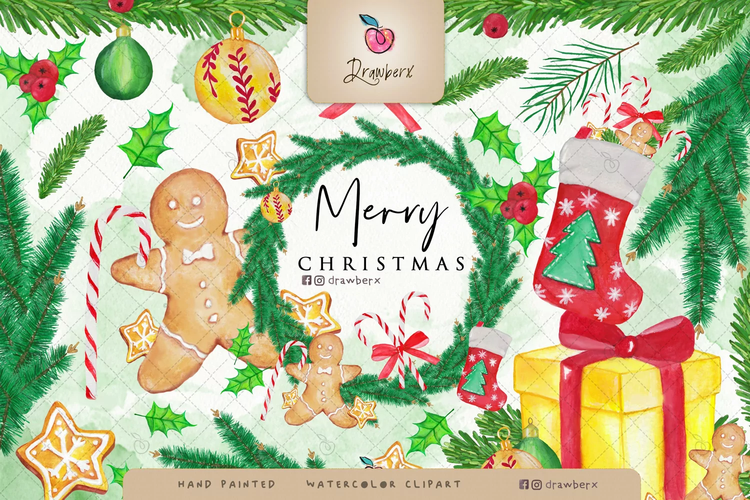 Vintage Christmas watercolor clipart, png files 041 product image 1