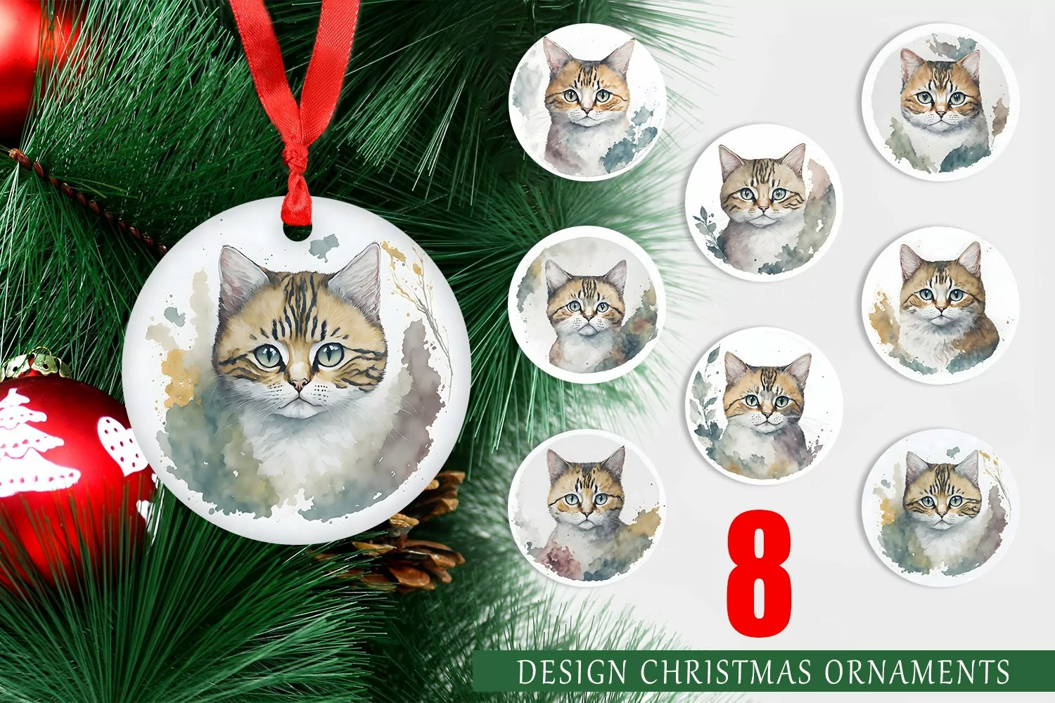 Christmas Ornaments Adorable Cat Watercolor product image 1