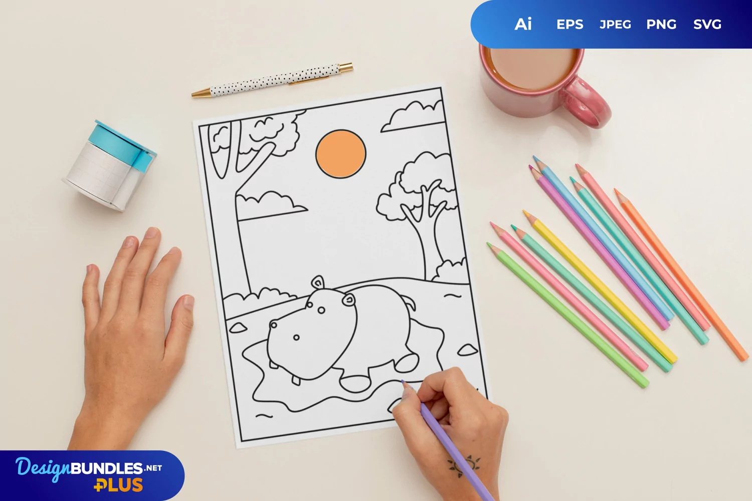Cute Hippopotamus Playing Water Coloring Page product image 1