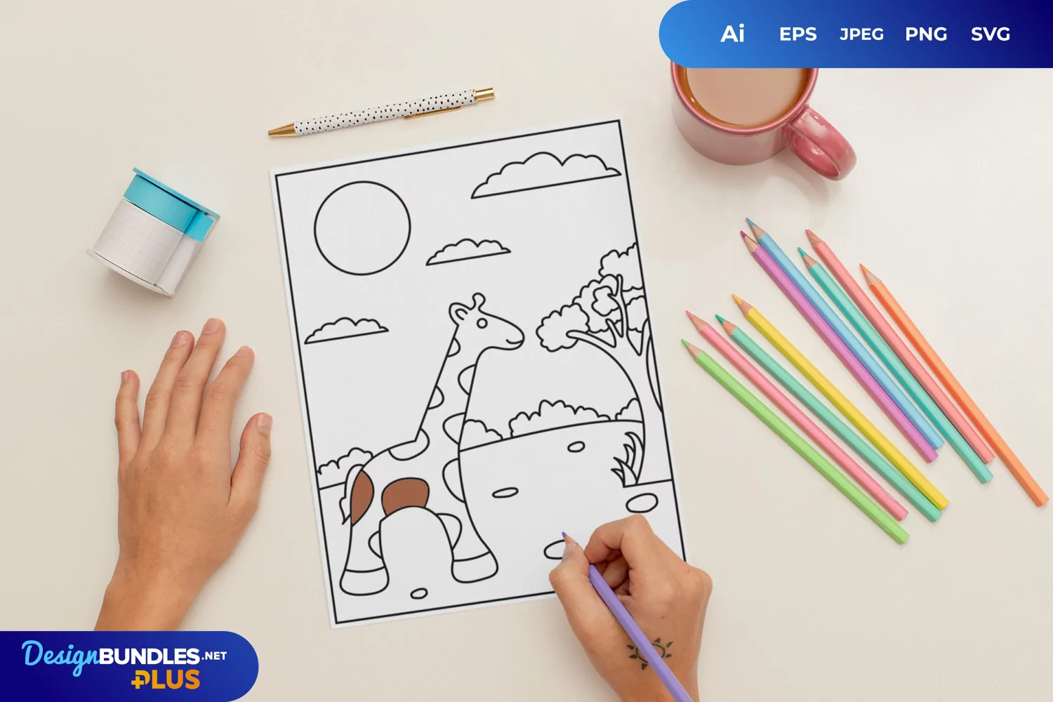 Cute Giraffe in The Forest Coloring Page product image 1