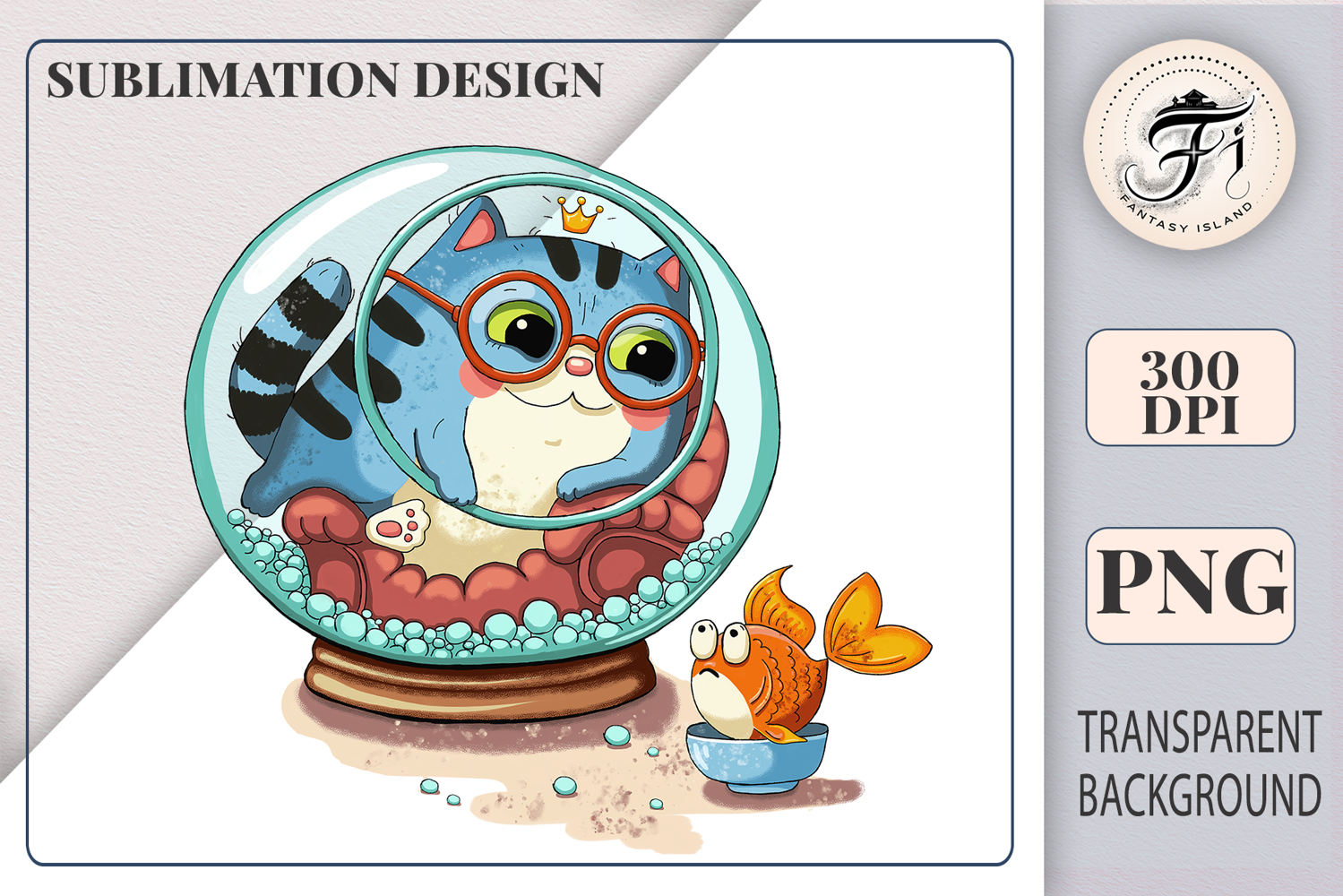 Cute blue cat in glasses sitting inside a fishbowl with a surprised goldfish, whimsical watercolor sublimation clipart for mugs, t-shirts, stickers, scrapbooking, and greeting cards. Perfect for cat lovers and fun aquarium-themed designs.