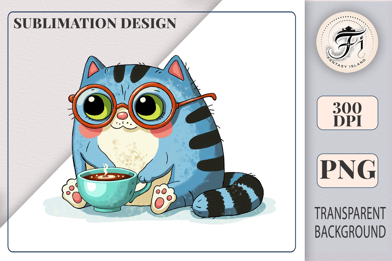 Cute blue cat in glasses holding a cup of coffee, cozy watercolor sublimation clipart for mugs, t-shirts, stickers, scrapbooking, and greeting cards. Perfect for coffee lovers and cat-themed designs.