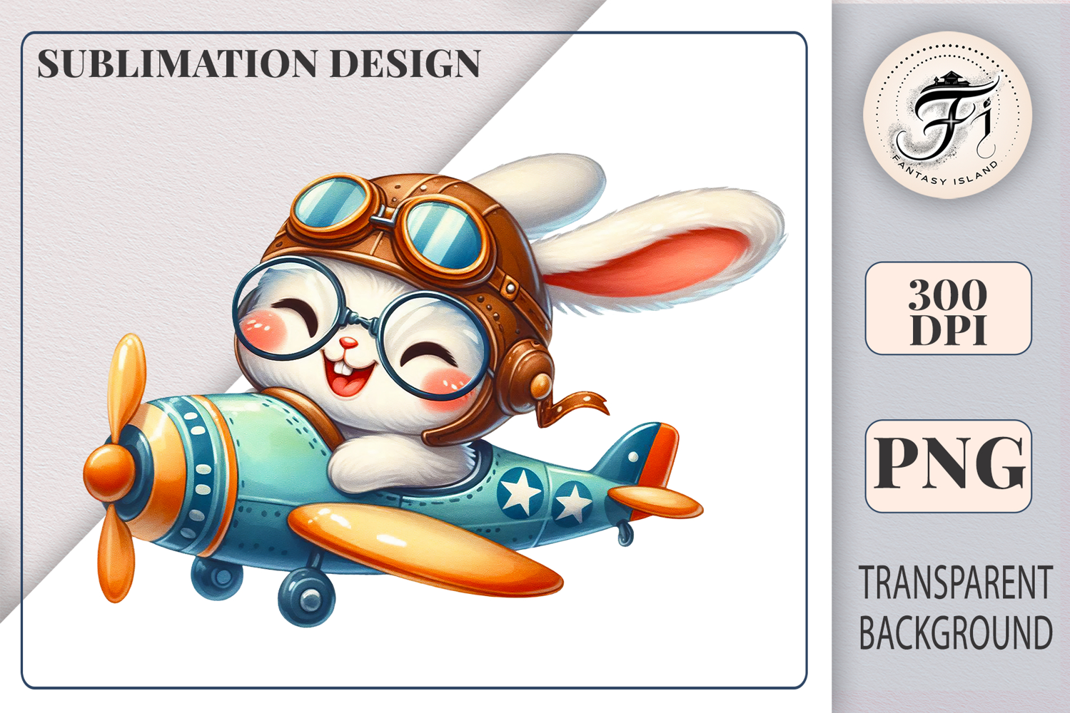 Cute cartoon bunny pilot flying a vintage airplane, watercolor sublimation clipart for kids, nursery decor, stickers, t-shirts, and greeting cards.