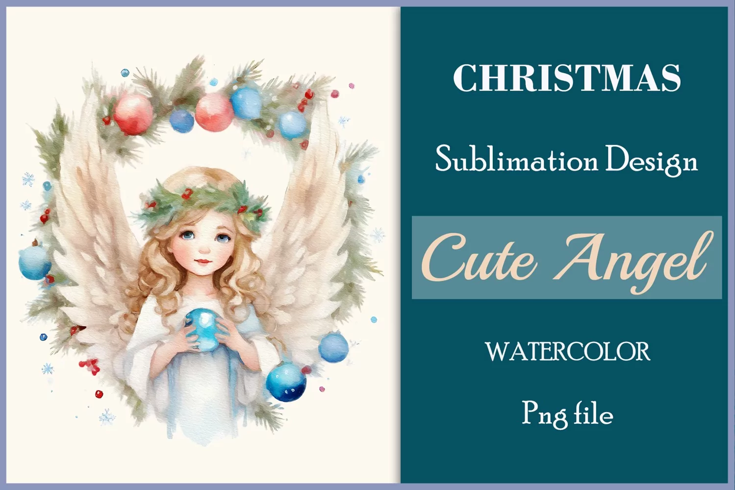 Watercolor sublimation clipart Christmas angel on Christmas tree background and Christmas tree balls. Vintage illustration