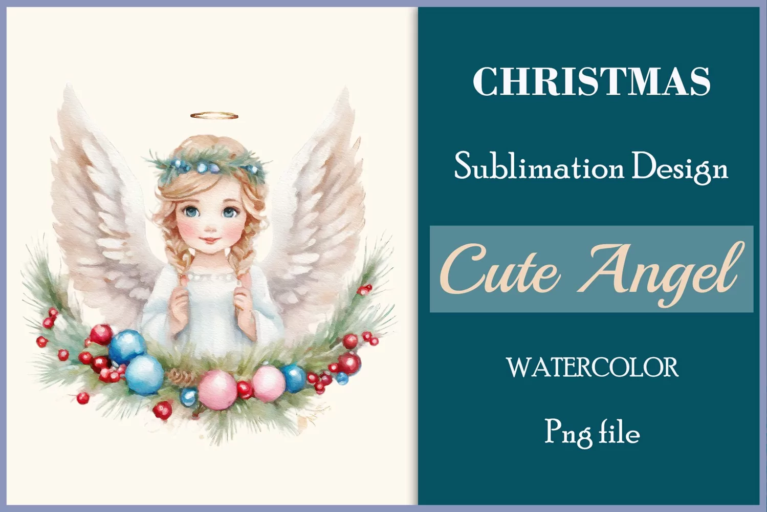 Watercolor sublimation clipart Christmas angel on Christmas tree background and Christmas tree balls. Vintage illustration