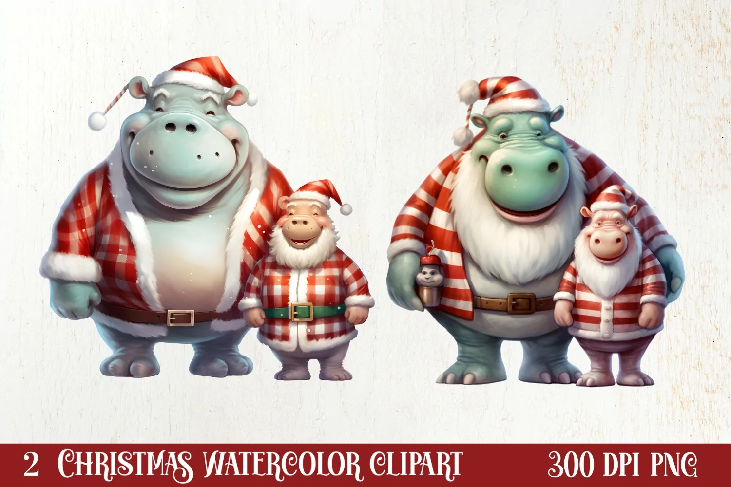 Cute Christmas Hippo Sublimation Clipart, Christmas Clipart product image 1