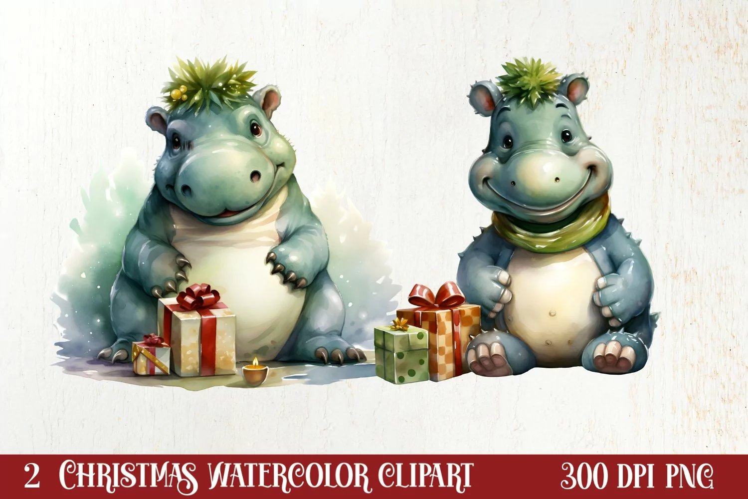 Cute Christmas Hippo Sublimation Clipart, Christmas Clipart product image 1
