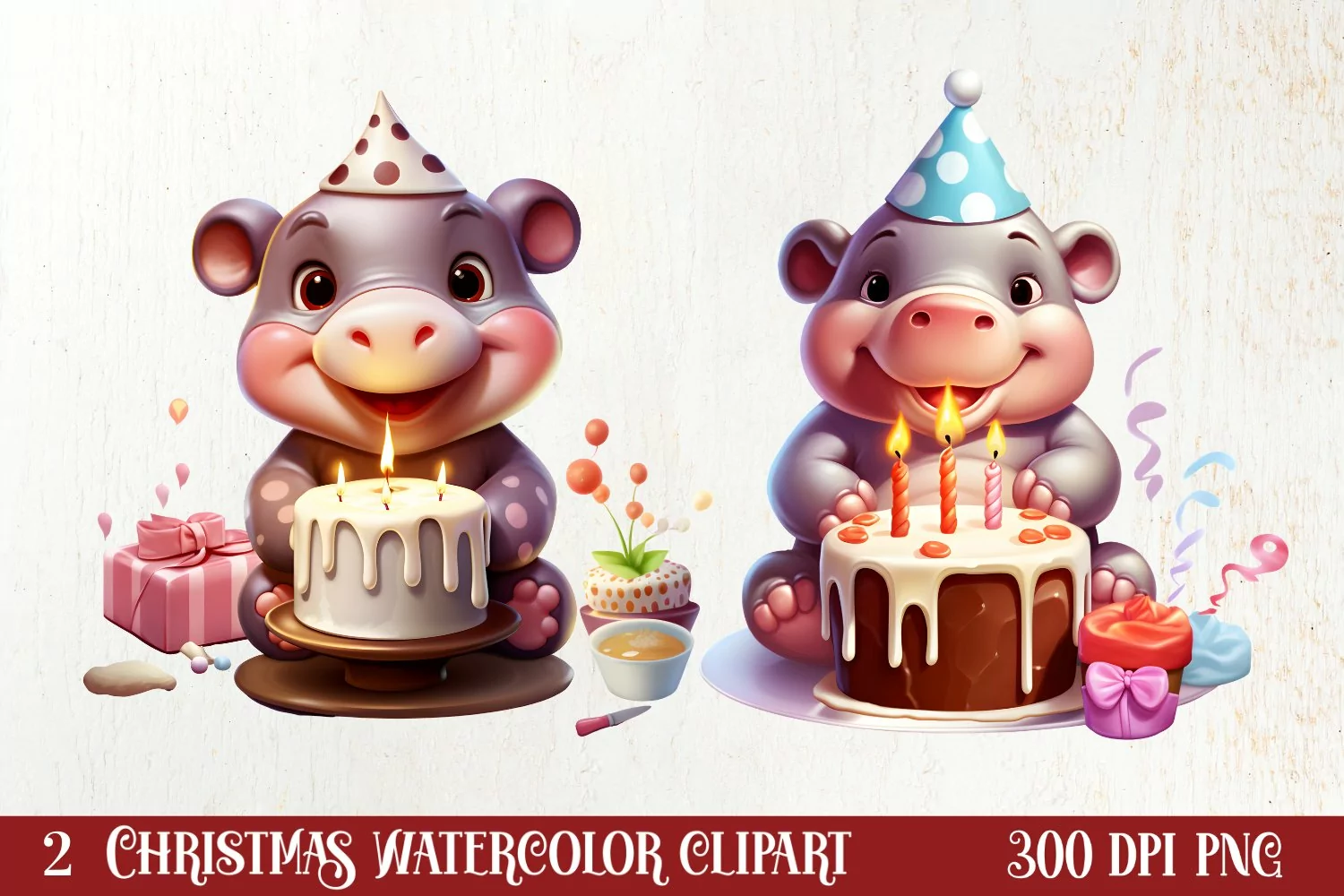 Cute Christmas Hippo Sublimation Clipart, Christmas Clipart product image 1