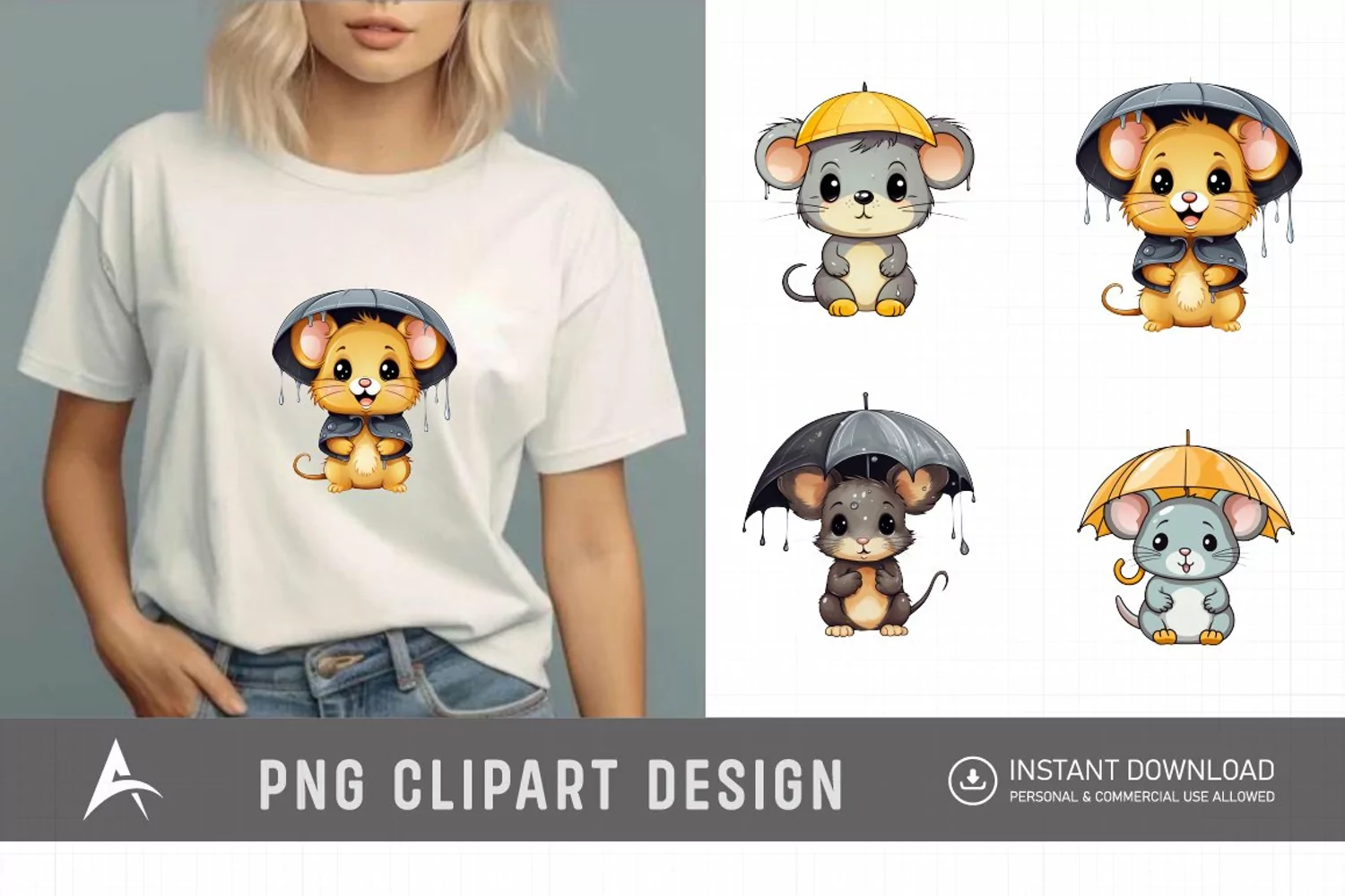 Watercolor Cute Color Full Mouse in Rain Clipart product image 1
