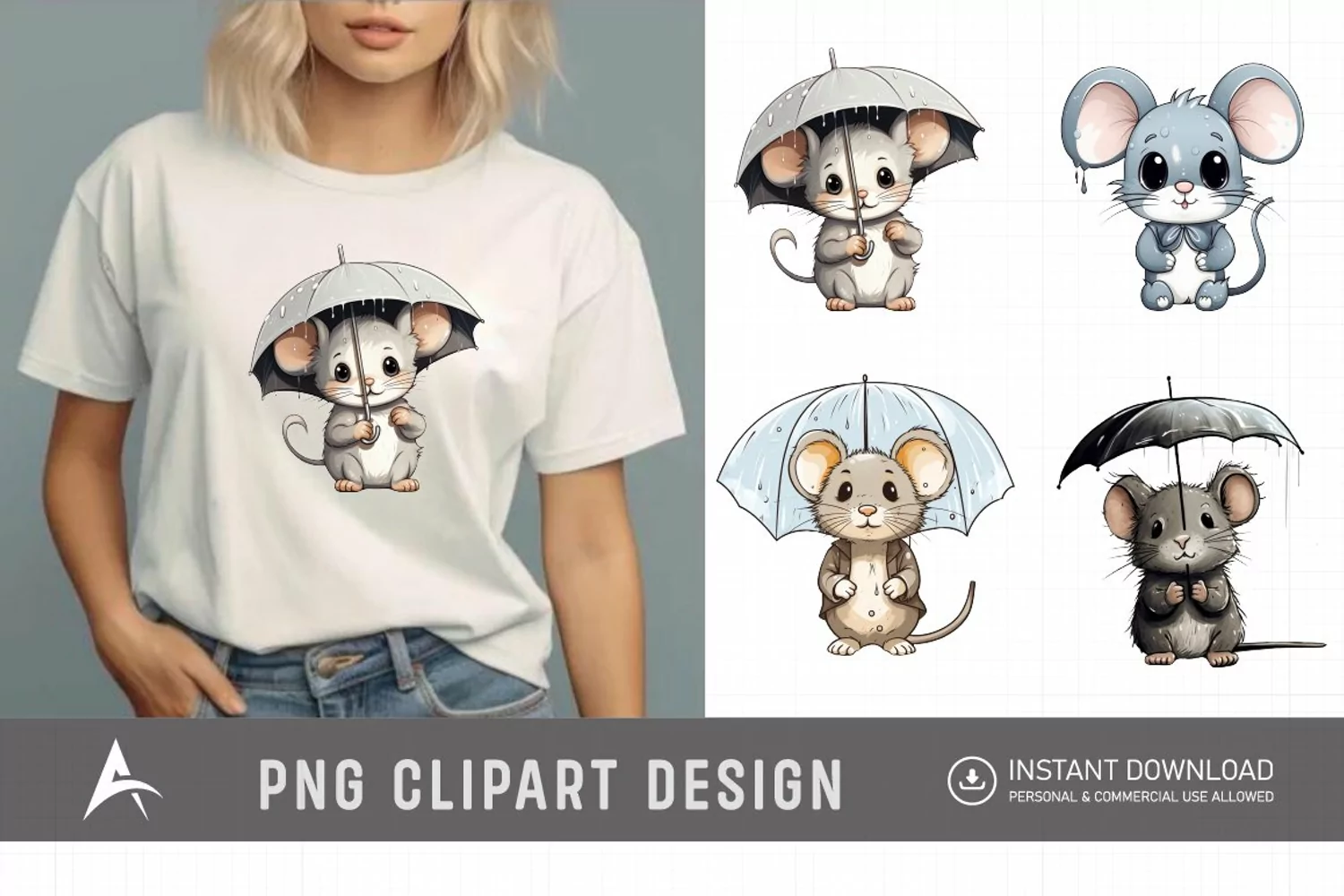 Watercolor Cute Color Full Mouse in Rain Clipart product image 1