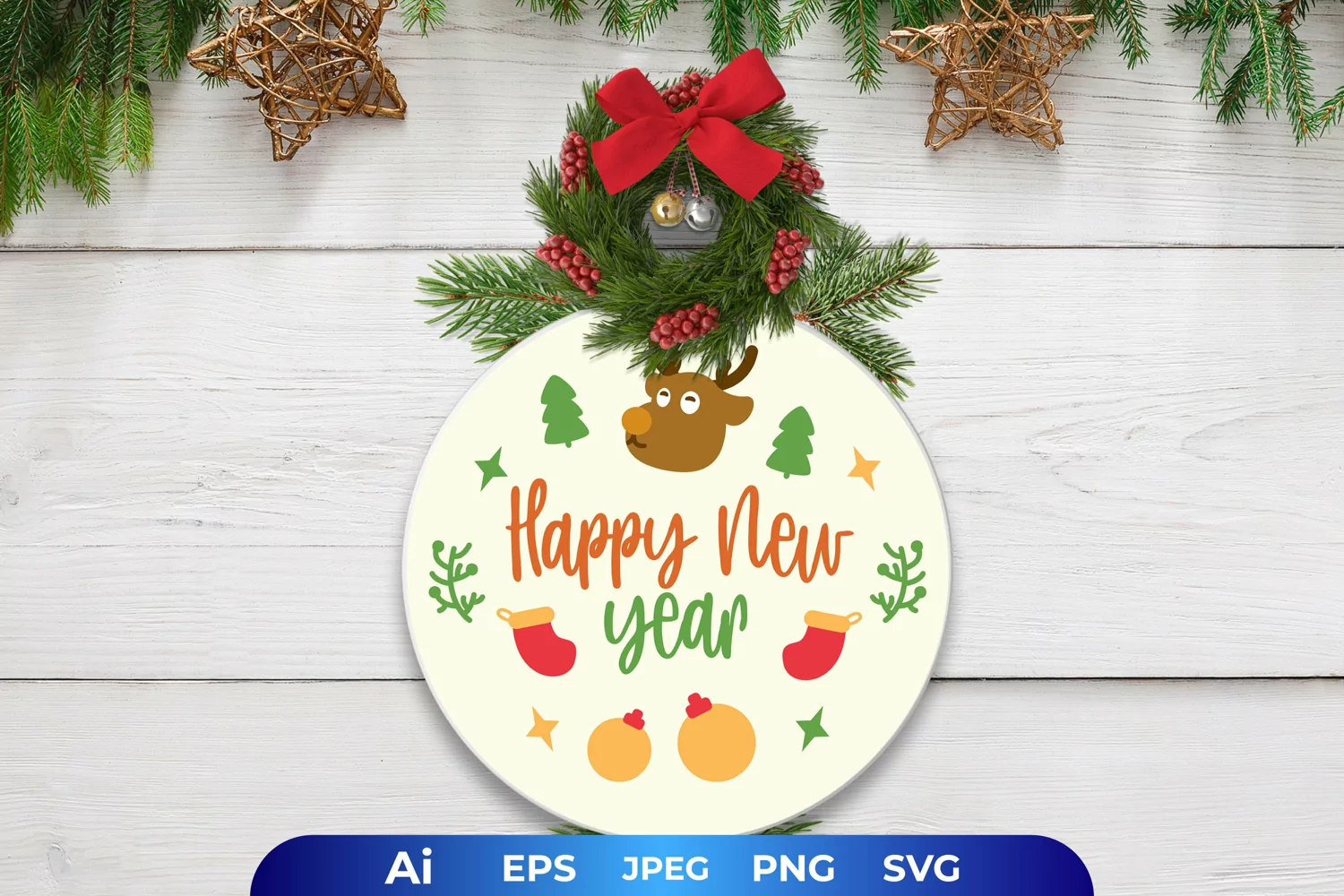Happy New Year Text with Reindeer Face on Round Door Sign product image 1