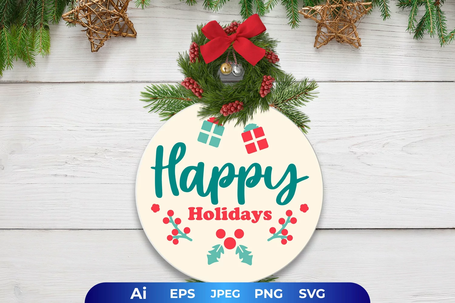 Happy Holidays Text with Mistletoe Cuts on Round Door Sign product image 1