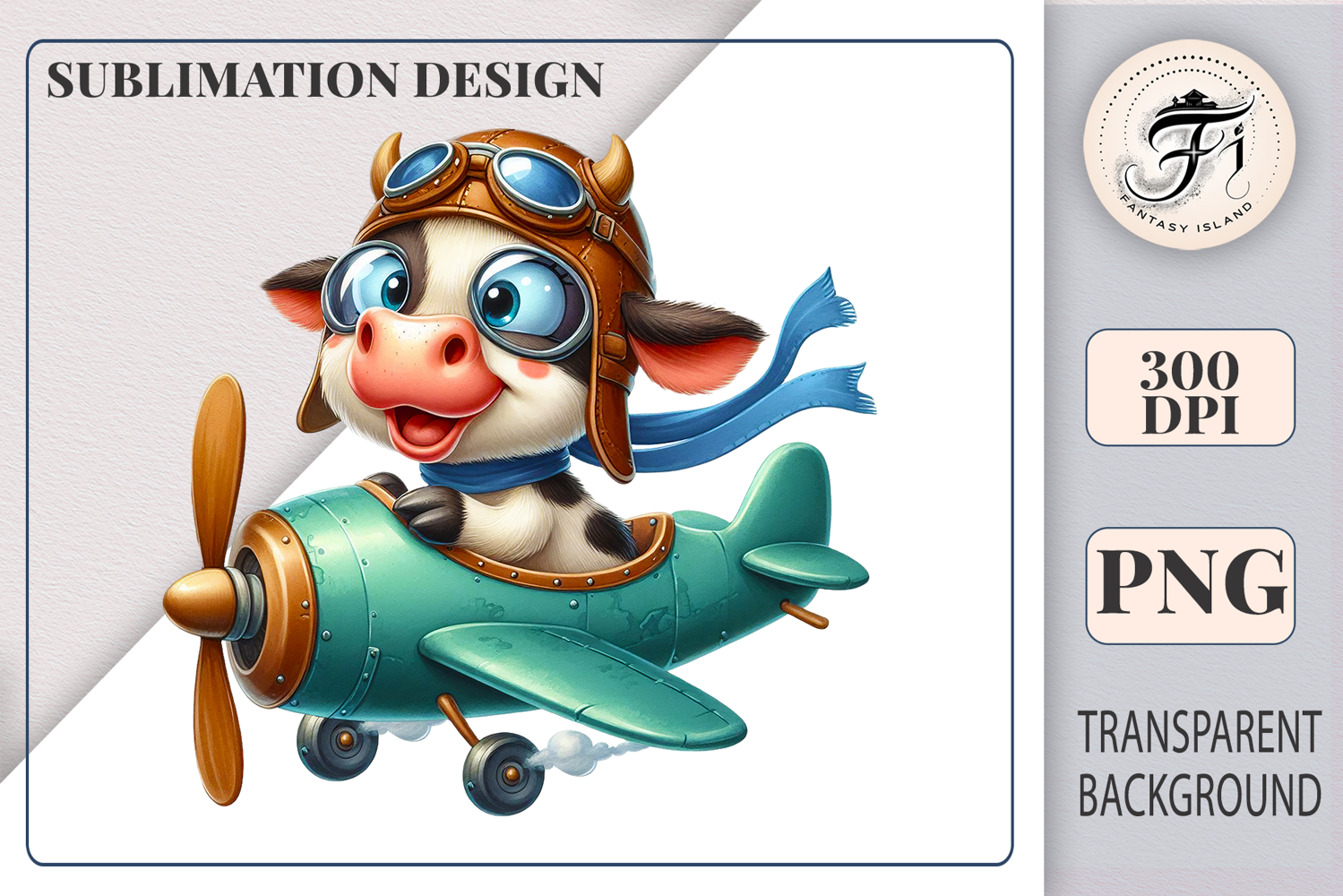 Cute cartoon cow pilot flying a vintage airplane, watercolor sublimation clipart for kids, nursery decor, stickers, t-shirts, and greeting cards.
