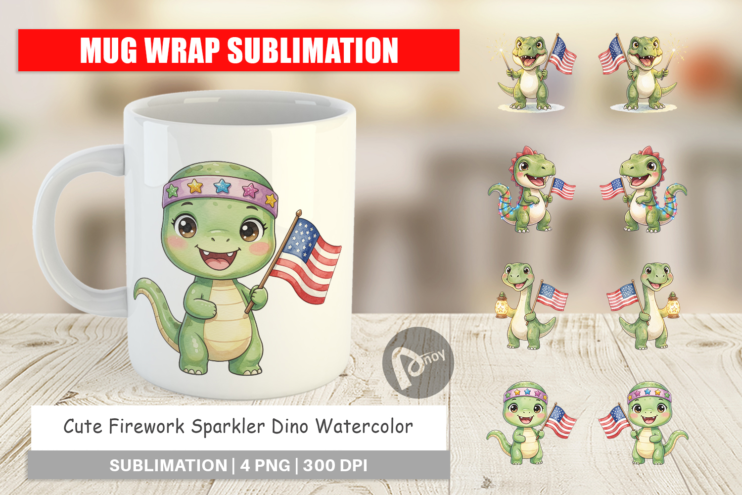 Cute Firework Sparkler Dino Mug Wrap product image 1