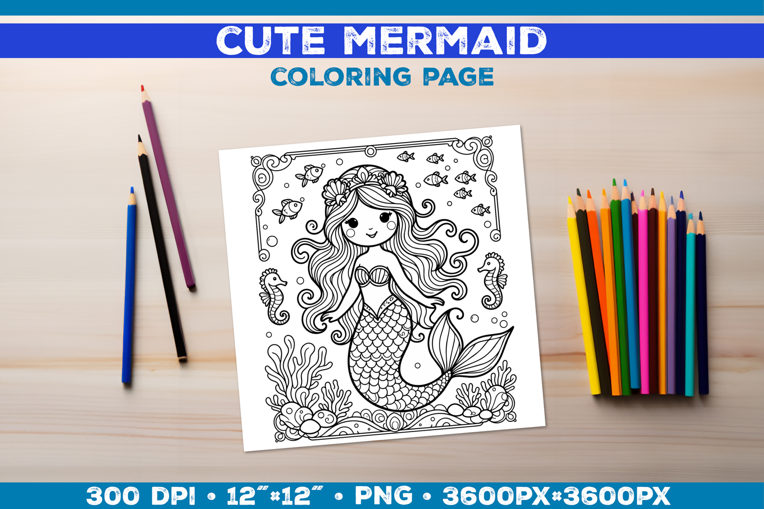 Mermaid Printable Coloring Page. Mermaid Coloring Book product image 1
