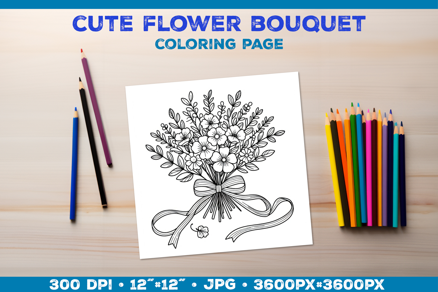Spring floral bouquet coloring page. Kids coloring book product image 1